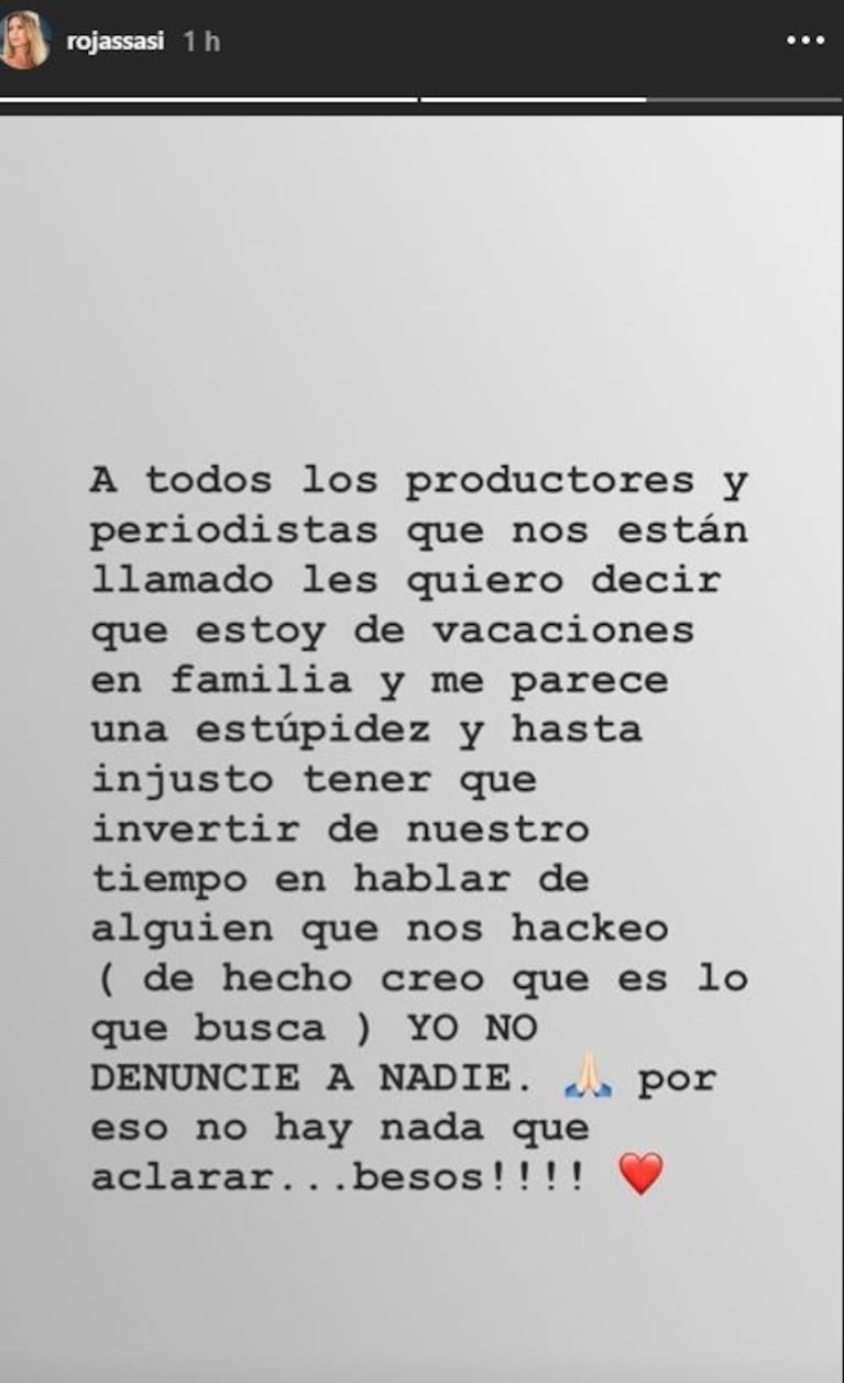 El descargo de Sabrina Rojas tras asegurar que le hackearon su Instagram: "¡Yo no denuncié a nadie!"