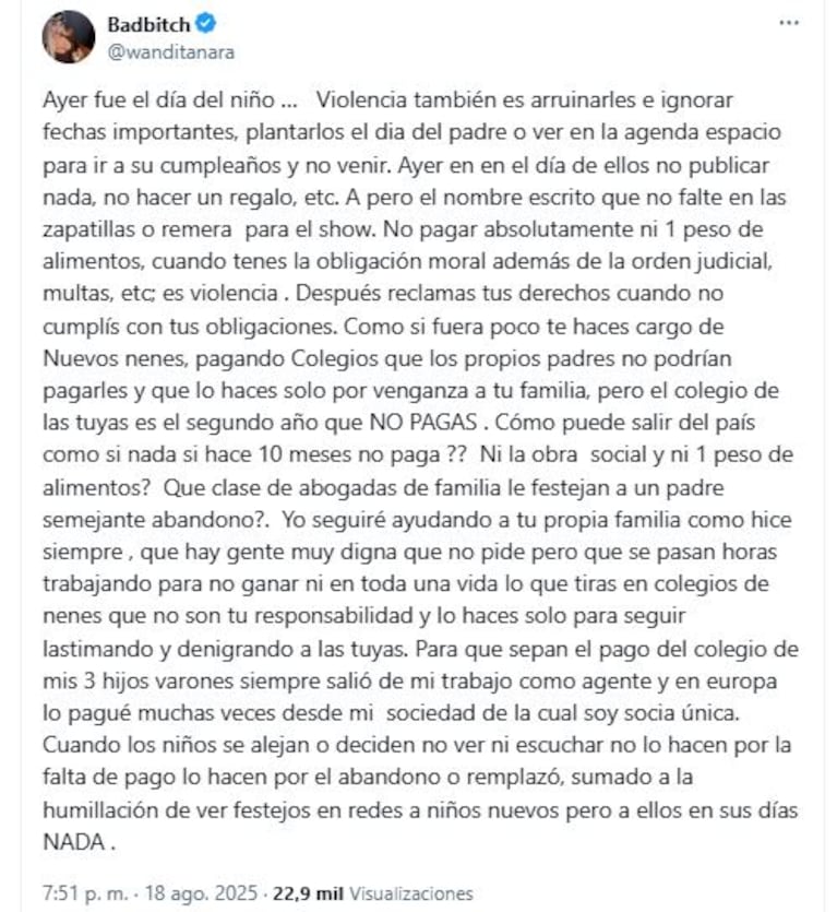El descargo de Wanda Nara contra Mauro Icardi (Foto: X @wanditanara)