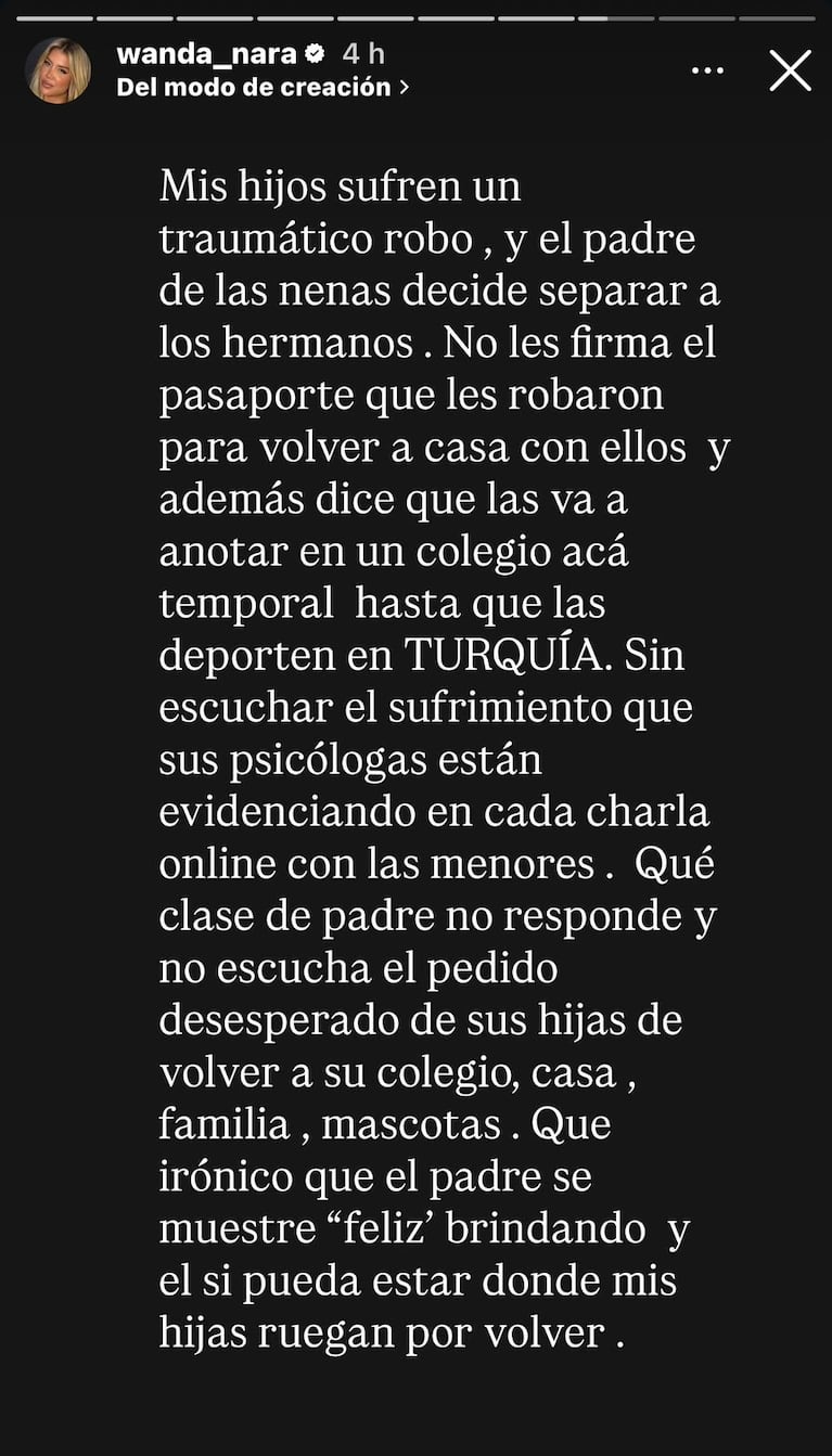 El descargo de Wanda Nara en el último día de plazo para volver a la Argentina (Foto: Instagram).