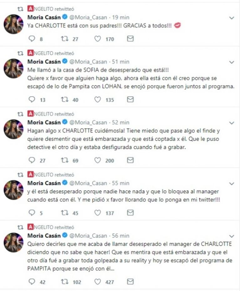 El desesperado llamado que recibió Moria Casán y que alertó sobre la relación de Charlotte Caniggia y Lhoan