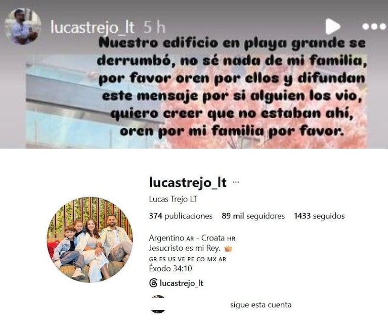 El desgarrador gesto de Lucas Trejo tras confirmar la muerte de su esposa e hijos en el terremoto de Venezuela. Crédito: Instagram