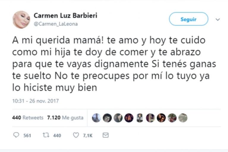 El desgarrador mensaje de Carmen Barbieri a su mamá por su delicado estado de salud: "Si tenés ganas, te suelto"