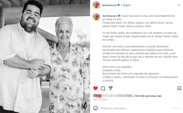 El desgarrador mensaje de Darío Barassi tras la muerte de su mamá, Laura: “Llegó ese último suspiro”