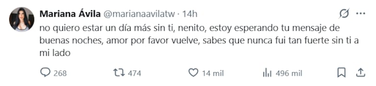 El desgarrador mensaje de Mariana Ávila a Fede Dorcaz (Foto: captura de X).