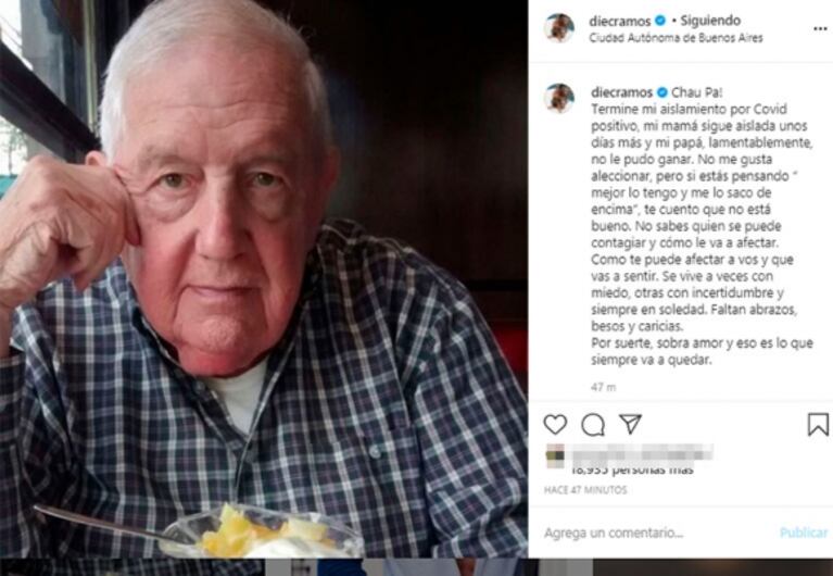 El desgarrador posteo de Diego Ramos por la muerte de su papá por Covid: "No le pudo ganar"