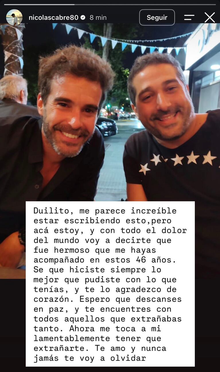 El desgarrador posteo de Nicolás Cabré tras la muerte de su hermano: “Jamás te voy a olvidar”  

 Fuente: Instagram / @nicolascabre80