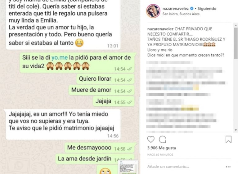 El desopilante chat de Nazarena Vélez con otra mamá hablando del tierno gesto de Thiago