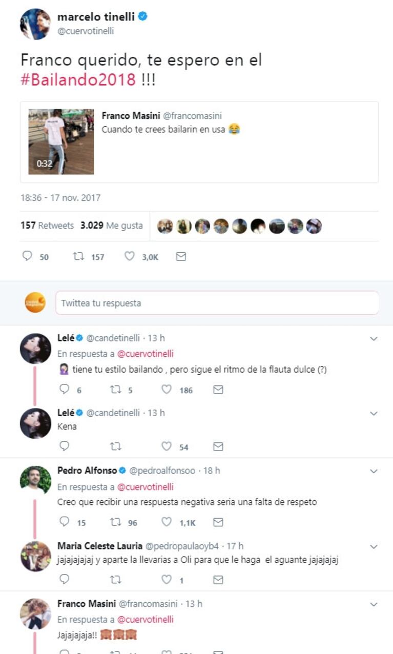 El desopilante video del baile de Franco Masini en California: la propuesta de Tinelli y los pícaros tweets de Cande y Pedro Alfonso