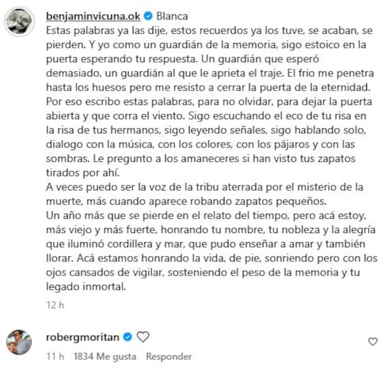 El detalle de Roberto García Moritán en el recuerdo de Benjamín Vicuña a Blanca. Crédito: Instagram