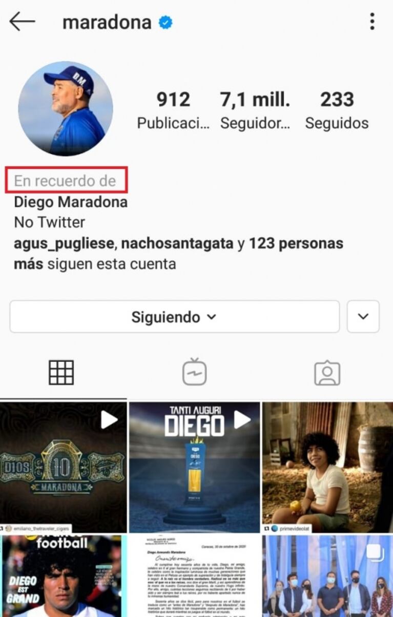 El detalle en el Instagram oficial de Diego Maradona tras su muerte: le agregaron "en recuerdo de" arriba de su nombre