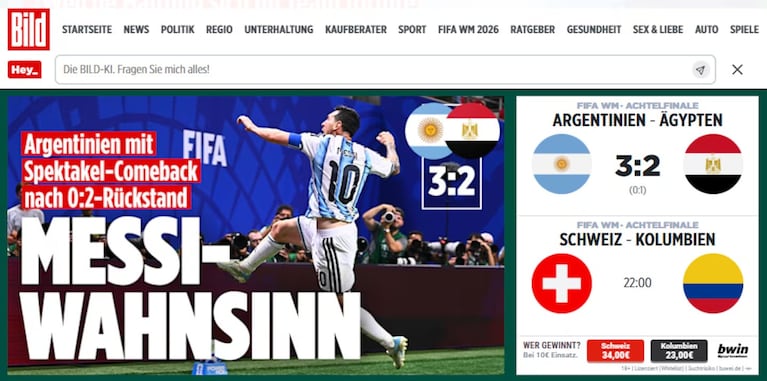 El diario alemán Bild tituló "Messi-Wahnsinn" para definir la remontada de la Selección argentina ante Egipto.
Fuente: Captura Bild