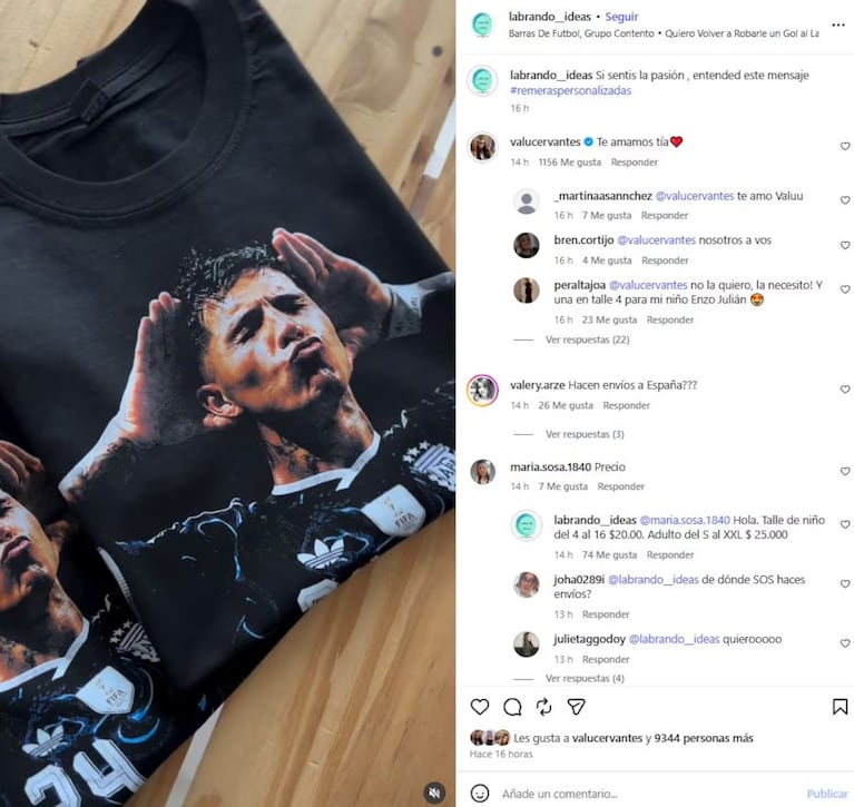 El diseño exclusivo de Enzo Fernández festejando el gol que le hizo a Inglaterra: la venden en un emprendimiento de la familia de Valentina Cervantes. Fuente: Instagram @labrandoideas