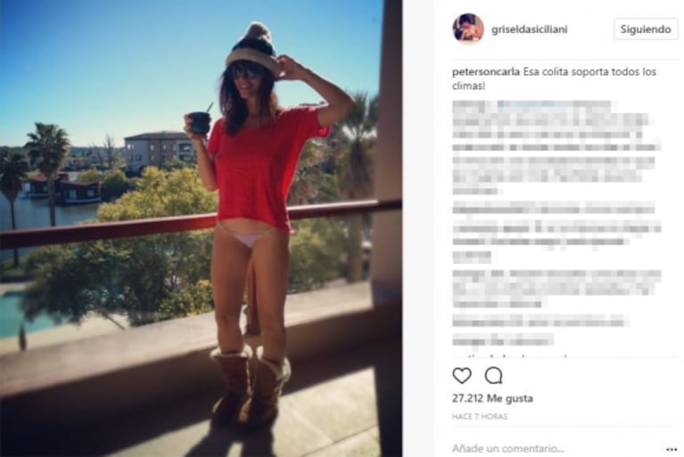 El divertido comentario de Carla Peterson a la foto hot de Griselda Sicialini, en tanga y con gorro de lana: "Esa colita soporta todos los climas"