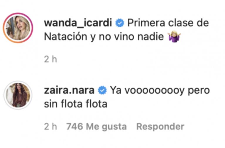 El divertido comentario de Zaira Nara en un posteo de Wanda por su primera clase de natación: "Voy sin flota flota"