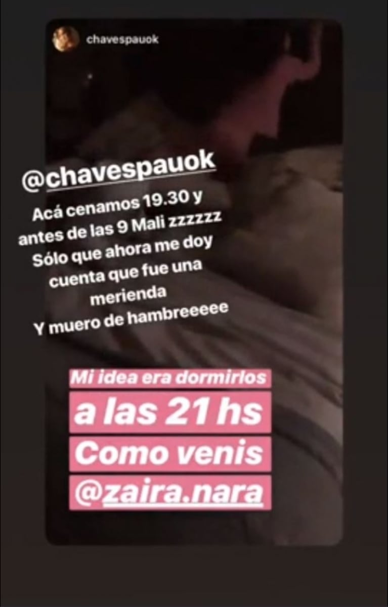 El divertido ida y vuelta en Instagram de Paula Chaves y Zaira Nara sobre la hora de dormir de sus hijos