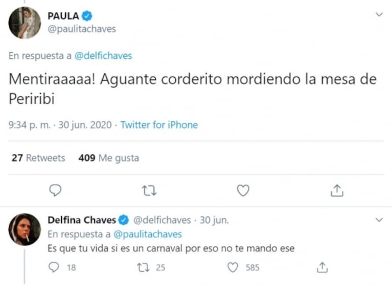 El divertido ida y vuelta entre Paula y Delfina Chaves por los stickers de WhatsApp que usan: “¡Mentiraaaa!” 