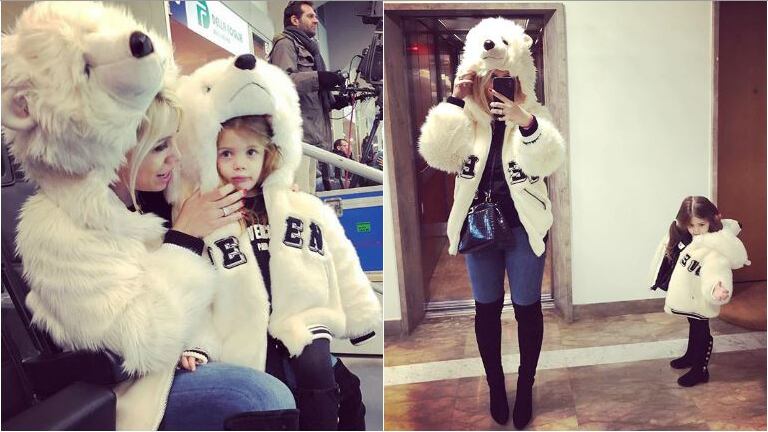 El divertido look de Wanda Nara y Francesca para ir a la cancha... ¡con camperas de oso!: Mini mi