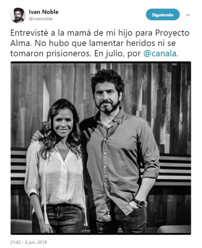 El divertido tweet de Iván Noble con el que anunció una nota a su exmujer: "No hubo que lamentar heridos"