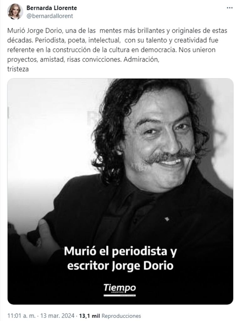 El dolor de Bernarda Llorente por la muerte de Jorge Dorio.