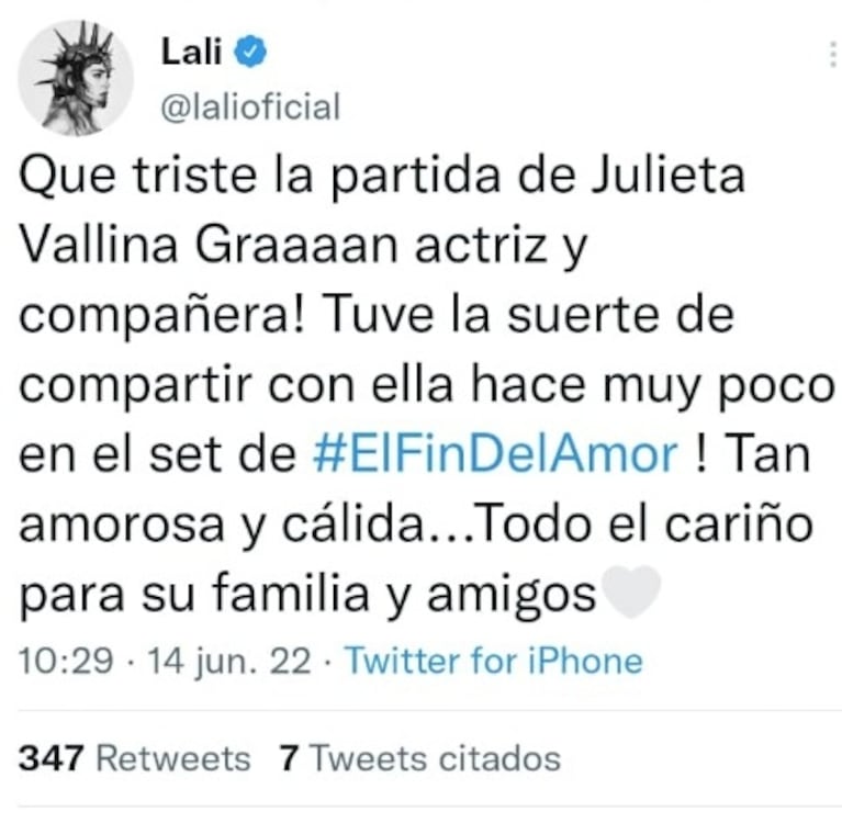 El dolor de Lali Espósito por la muerte de la actriz Julieta Vallina