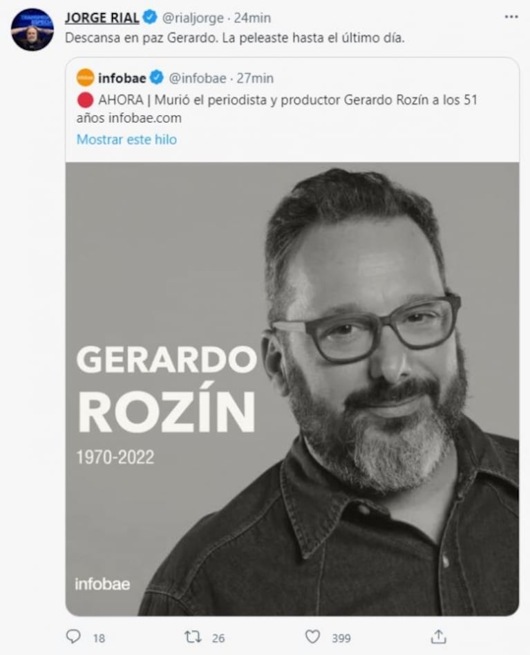 El dolor de los famosos por la muerte de Gerado Rozín: sus emotivos mensajes de despedida