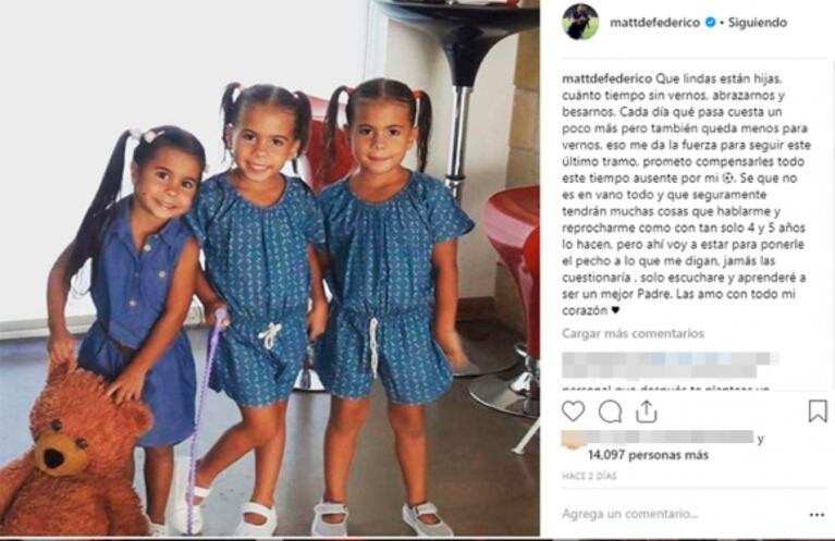 El dolor de Matías Defederico por estar lejos de sus hijas: "Seguramente tendrán muchas cosas que reprocharme"