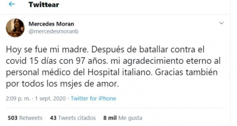 El drama de Mercedes Morán por la muerte de su mamá: "Se fue después de batallar 15 días contra el coronavirus"