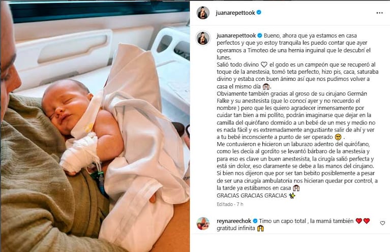El dramático posteo de Juana Repetto sobre la operación de Timoteo (Foto: Instagram @juanarepettook)