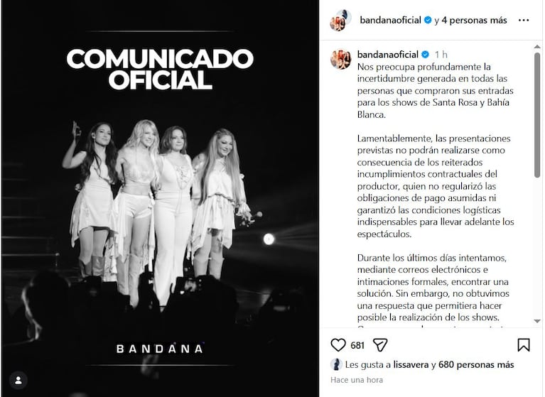 El durísimo comunicado de Bandana tras cancelar dos shows por presuntos incumplimientos del productor. Foto: Instagram (@bandanaoficial)