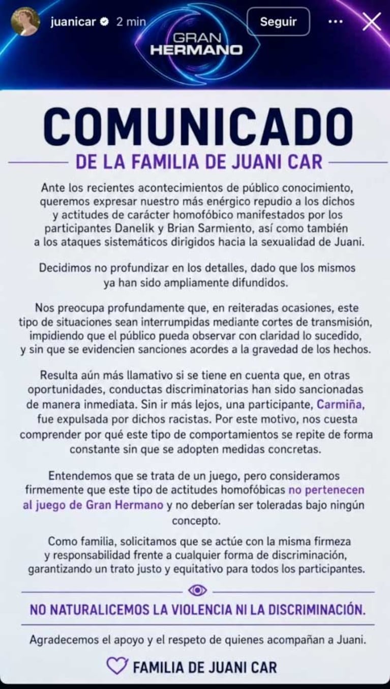 El duro conunicado de la familia de Juanicar contra la producción (Foto: Instagram @juanicar)