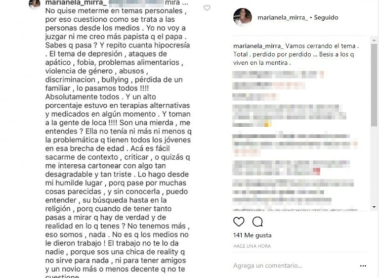 El duro descargo de Marianela Mirra tras el suicidio de Rocío Gancedo: "Nadie está preparado para tanto amor y hostilidad en simultáneo"