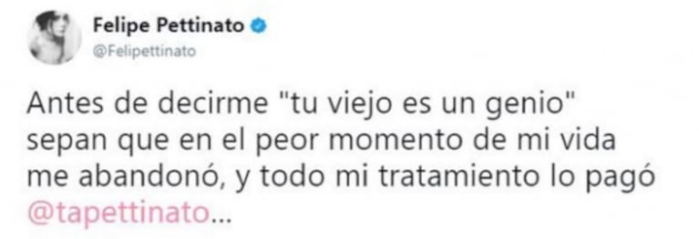 El duro tweet del hijo de Roberto Pettinato contra su padre: "Antes de decirme ‘tu viejo es un genio’ sepan que en el peor momento de mi vida me abandonó y todo mi tratamiento lo pagó mi hermana"