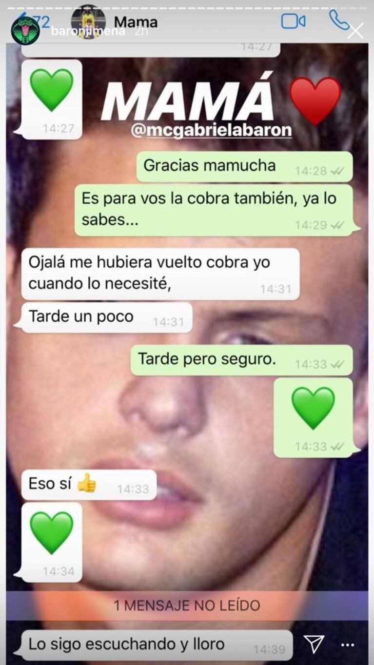El emotivo chat de Jimena Barón con su mamá tras el suceso de La Cobra: "Es para vos también"