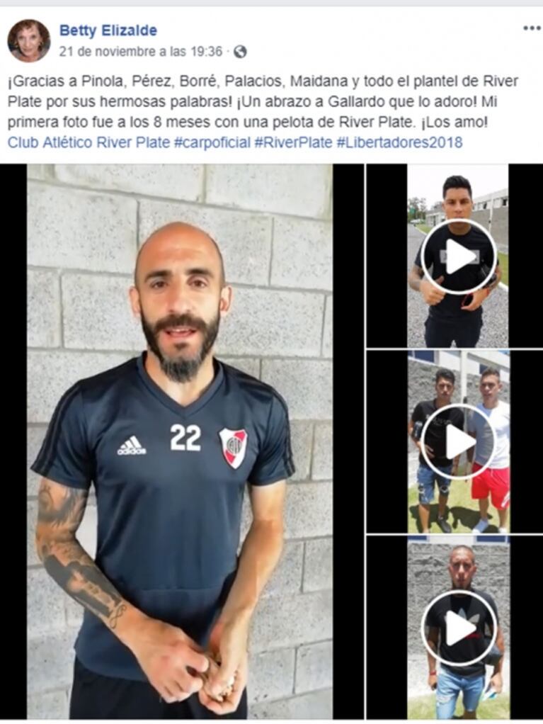 El emotivo gesto del plantel de River con Betty Elizalde, fanática del Millonario, antes de su muerte 