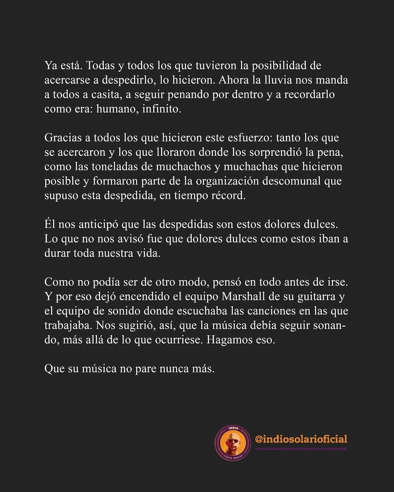 El emotivo mensaje de la familia del Indio Solari tras el velatorio: la señal que dejó antes de morir. Crédito: X