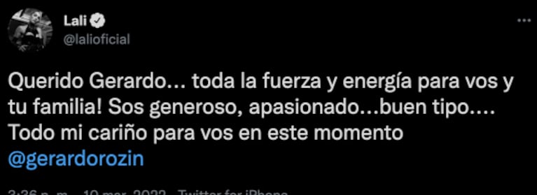 El emotivo mensaje de Lali Espósito a Gerardo Rozín por su delicado estado de salud: "Sos generoso, apasionado y bueno"