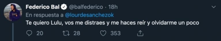 El emotivo mensaje de Lourdes Sánchez en apoyo a Fede Bal en su mal momento: “Te admiro”