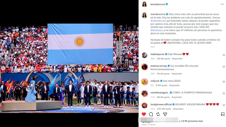 El emotivo mensaje de María Becerra tras cantar el Himno en la final del Mundial (Foto de Instagram @mariabecerra)