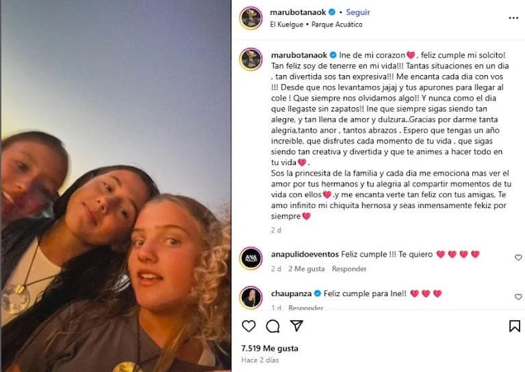 El emotivo mensaje de Maru Botana a su hija Inés por su cumpleaños. CRÉDITO: Instagram/@marubotanaok