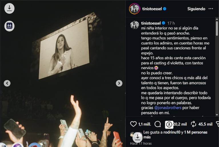 El emotivo posteo de Tini Stoessel tras cantar con los Jonas Brothers. Crédito: Instagram