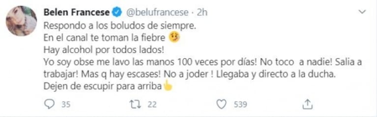 El enojo de Belén Francese tras las críticas por ir a la TV y contagiarse Covid-19: "Dejen de escupir para arriba"