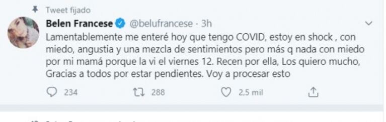 El enojo de Belén Francese tras las críticas por ir a la TV y contagiarse Covid-19: "Dejen de escupir para arriba"