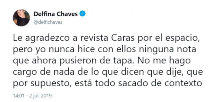  El enojo de Delfina Chaves con la revista Caras: "No hice ninguna nota; está todo sacado de contexto"