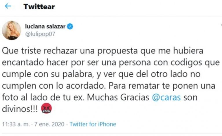 El enojo de Luciana Salazar con la revista Caras: "Para rematar, te ponen en una foto al lado de tu ex"