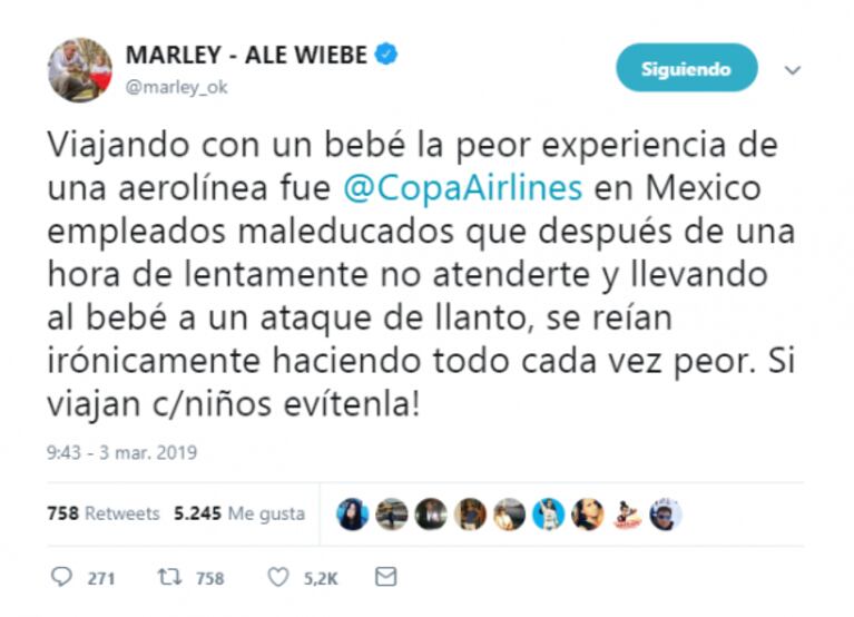 El enojo de Marley: "La peor experiencia en una aerolínea llevó al bebé a un ataque de llanto"