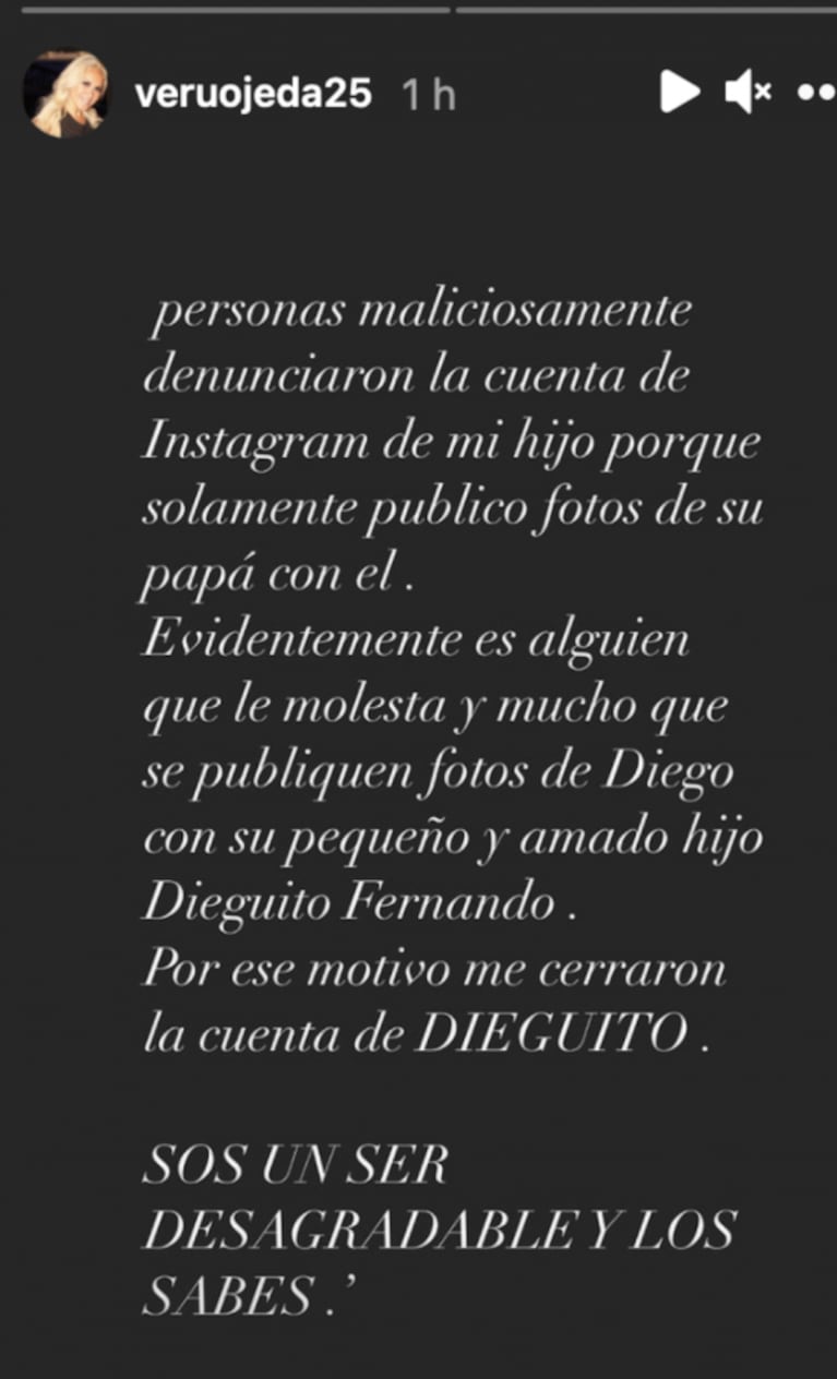 El enojo de Verónica Ojeda por el cierre de la cuenta de Instagram de Dieguito Fernando: "Sos un ser desagradable"
