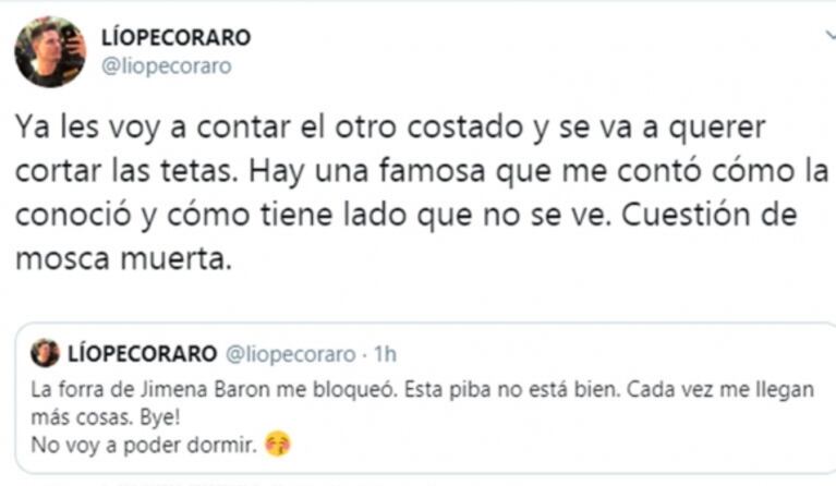 El exabrupto de Lío Pecoraro contra Jimena Barón en Twitter: "La for… me bloqueó"