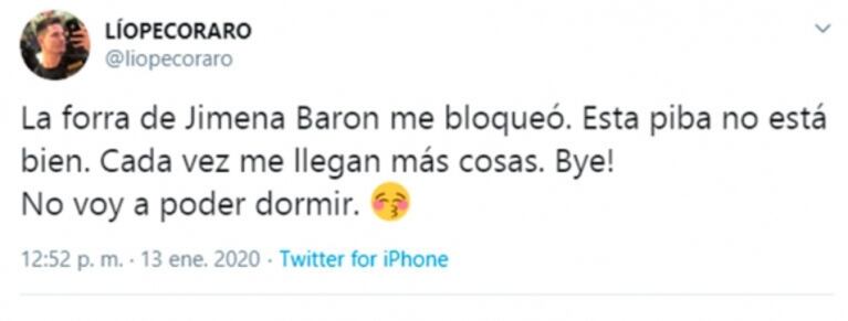El exabrupto de Lío Pecoraro contra Jimena Barón en Twitter: "La for… me bloqueó"