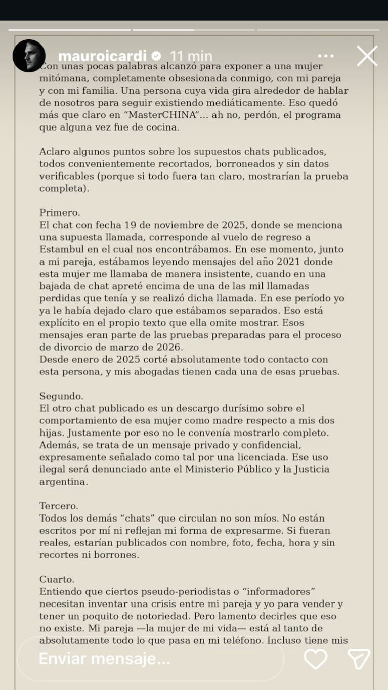 El explosivo descargo de Mauro Icardi contra Wanda Nara (Foto: Instagram/@mauroicardi)