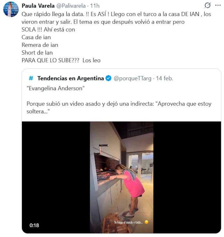 El explosivo posteo de Paula Varela sobre Evangelina Anderson y Ian Lucas (Foto: captura X)